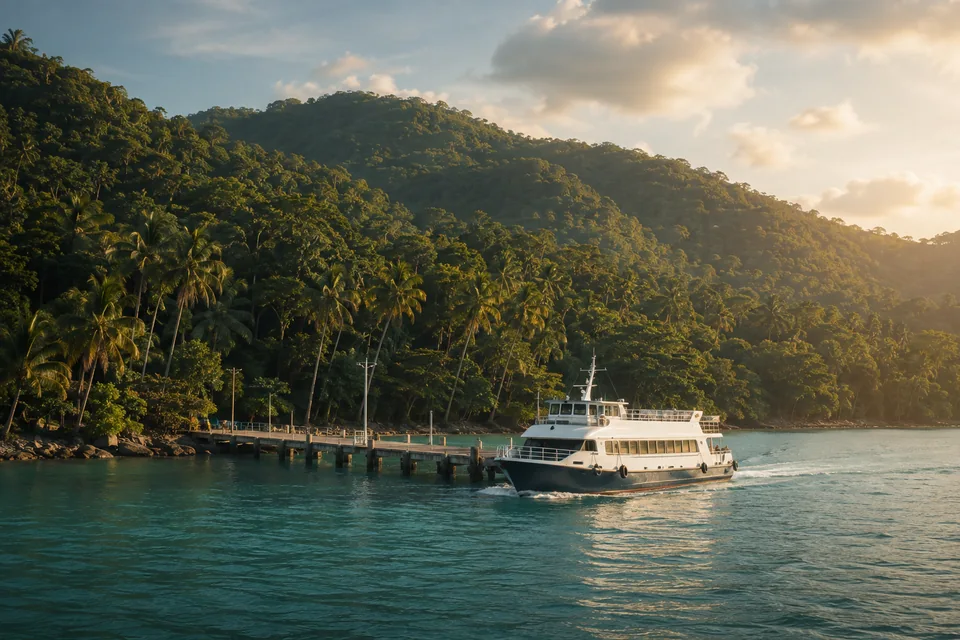 AI illustration of a passenger ferry beside a palm-lined tropical island pier